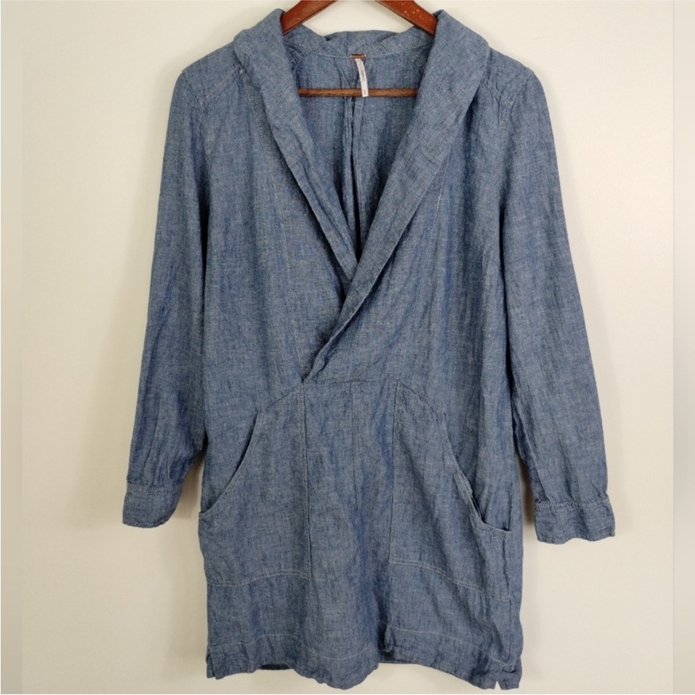 Free People Blue Linen Done Up In Denim Chambray Mini Dress Size Medium